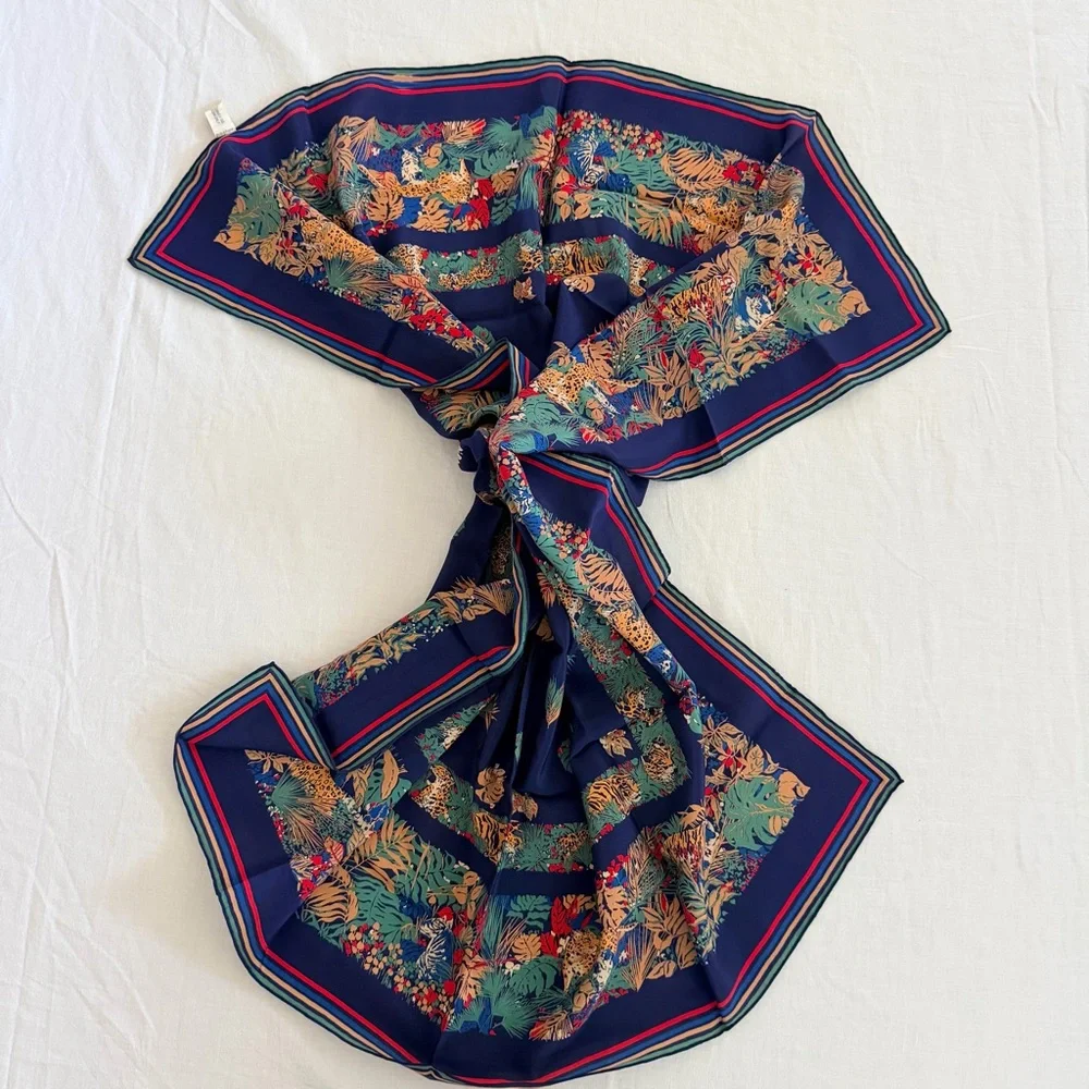 Vtg Christian Dior Hand Rolled Silk Scarf Jungle Animal Navy France Made 29.5”